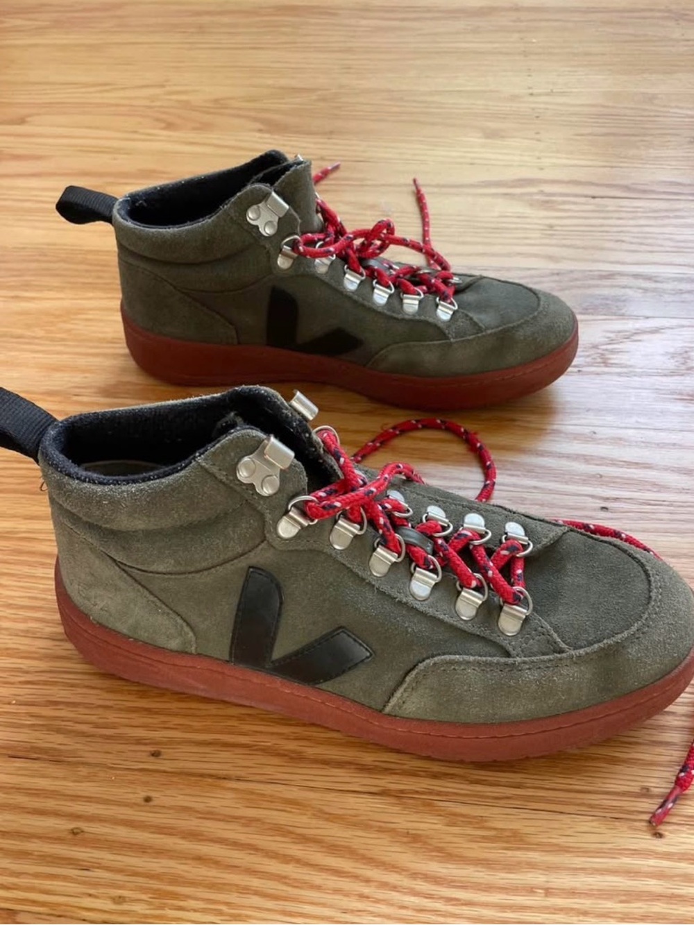Veja Olive Green Suede Sneaker with Red Laces